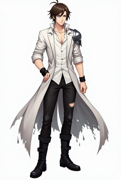 Anime man, swept back brown hair with tuft hanging over forehead, silver eyes, black bracelets, untucked white button shirt with sleeves rolled up, white coat with tattered coattails and right sleeve ripped off at elbow, silver left shoulderguard, black pa...