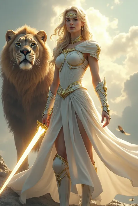 A brave woman in white armor, with a golden crown on his head and a sword of light in his hand, being protected by a big lion behind her. In the background the sky and a heavenly atmosphere