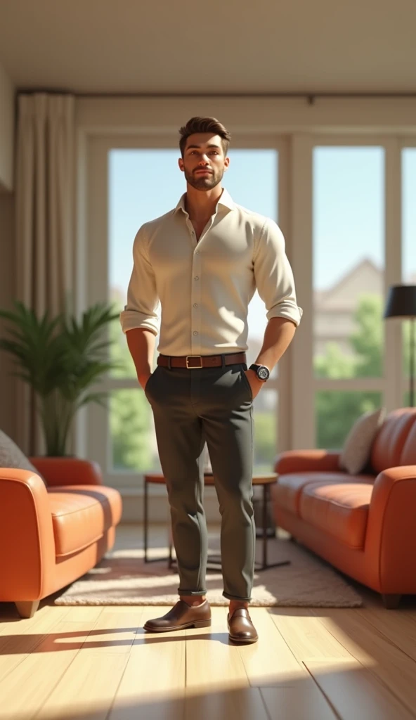 A man standing in the house 3d animation, wear attractive clothes pants shirts,good figure,