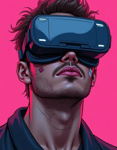 Stylized cyberpunk-themed illustration featuring a male figure with light brown skin. The subjects face is partially obscured by a virtual reality headset and goggles. The man has scars on his cheek and bandages, dry lips, and stubble. The background is pi...