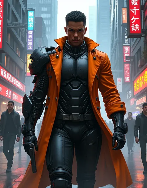 Cyberpunk-style digital illustration featuring a futuristic urban setting with neon signs and tall buildings. The central subject is a dark-skinned man with short hair and a serious expression. He is wearing a high-tech armored suit with several mechanical...