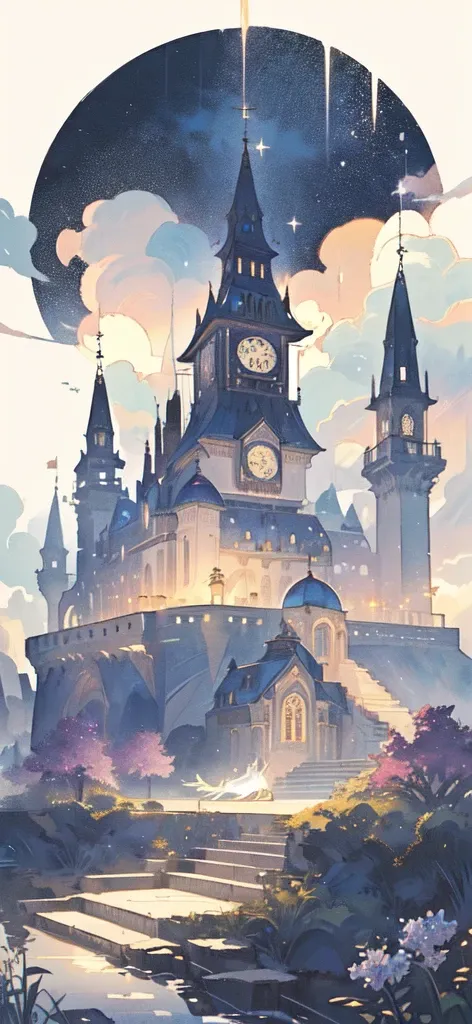 There is a big building with a clock in front of it., Palace Background, Anime Scenery concept art, Madhouse Studios Anime Style, Complex and gorgeous anime CGI style, Gaslight Fantasy Capital City, Milky White Palace, Bright sunny day, Castle scene manga,...