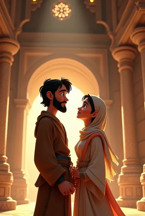 Create Disney Pixar style, a young man of average height, de white skin, black straight hair and beard and black eyes, Dressed in a biblical-style tunic, standing next to a pretty young woman of average height, white skin, black hair and black eyes dressed...