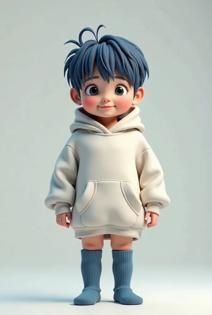 Realistic style, real photo, Child, boy, 5 years, detailed, MANY DETAILS, short blue with bangs falling over the forehead, black eyes, wearing an oversized sweatshirt that goes all the way to the crotch, blue thigh-high socks. standing posture, With a cute...