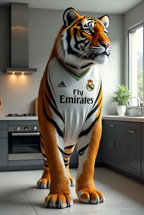 Create a realistic tiger in a kitchen with the Real Madrid jersey