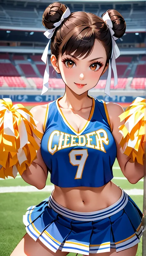 ((cheerleader, clothes writing, crop top, sleeveless shirt, midriff, miniskirt, pleated skirt, holding pom poms:1.2)),score_9, s...