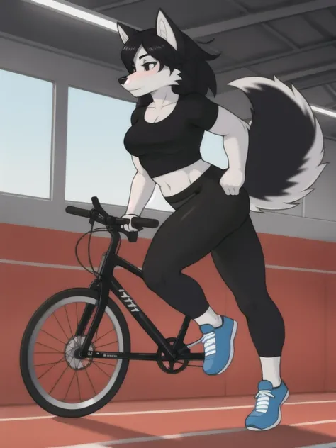 Furry, wolf, female, black shirt, black spandex bike shorts, shoes, indoor running track, solo, full body