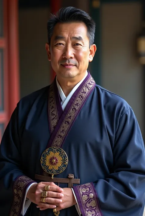 a 2 fair skinned man, short black hair, of altruistic expression and upright countenance, wise. no beard, with traditional eastern suit, ornamented, navy blue and purple, with rings and golden necklace.