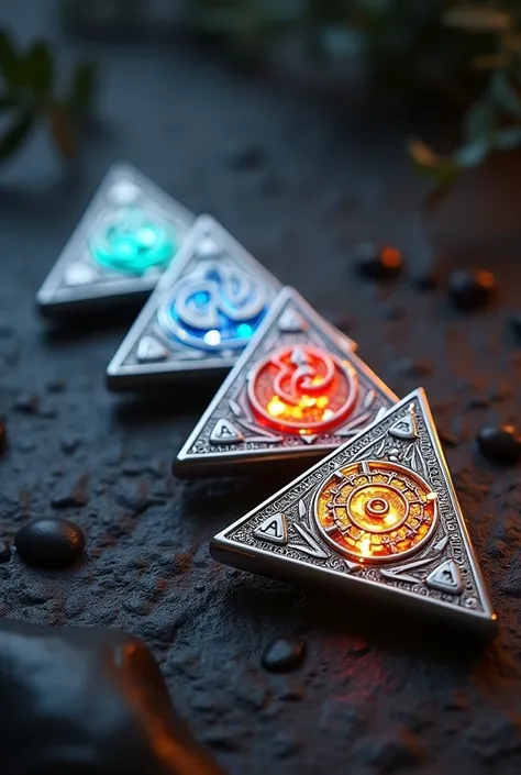 I need a set of triangular fantasy coins with symbols for earth, Water Fire and Air. Silber metallic, high gloss. Without background, each coin for itself, each coin should have the same shape and size and be displayed side by side. The coins should not ov...