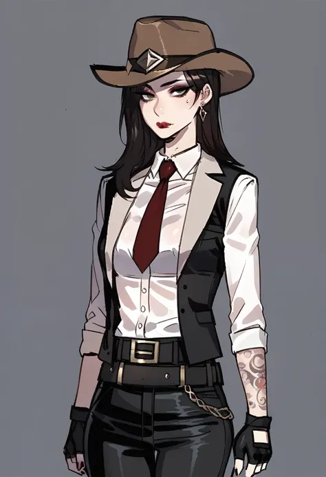 score_9, score_8_up, score_7_up, break, 1girl, solo,  asheow, makeup, lipstick, tattoo , hat, necktie, cowboy hat, white shirt, ...