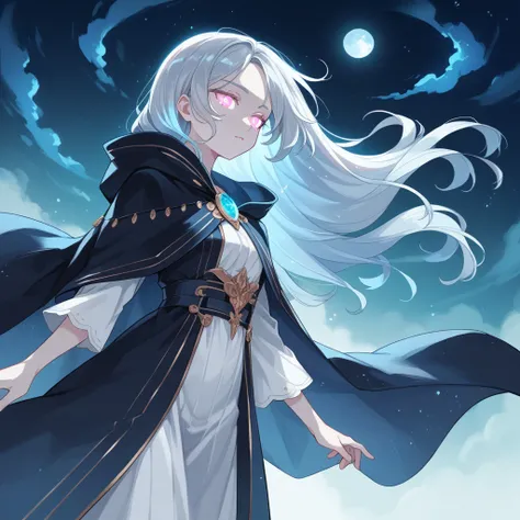 (masterpiece, best quality,dynamic angle,Dutch angle shot),long flowing silver hair, glowing violet eyes, melancholic expression, pale skin with an ethereal glow, slim and graceful figure, flowing dark cloak, standing by a vast starry sky, deep blues and p...