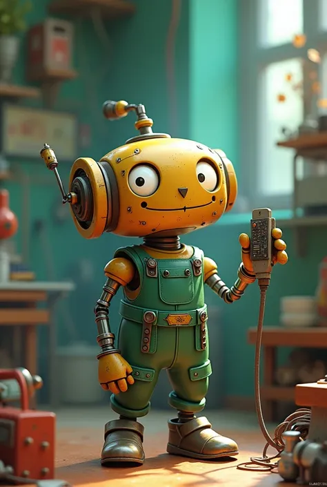 Asme, an animated character that has a relationship with science and electronics can be a soldering iron and wear something green. 