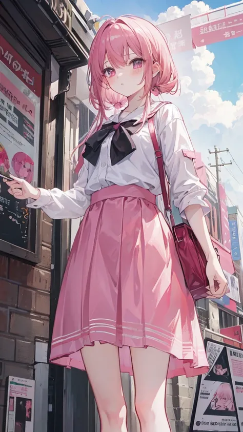 masterpiece, , high resolution, absurd, 1 Girl, crowd, skirt, Pink Hair, Kasai Yuno, From below, Revealing clothes, Skin Indentation, outdoor, Sunlight, street, Looking at the audience, blush,