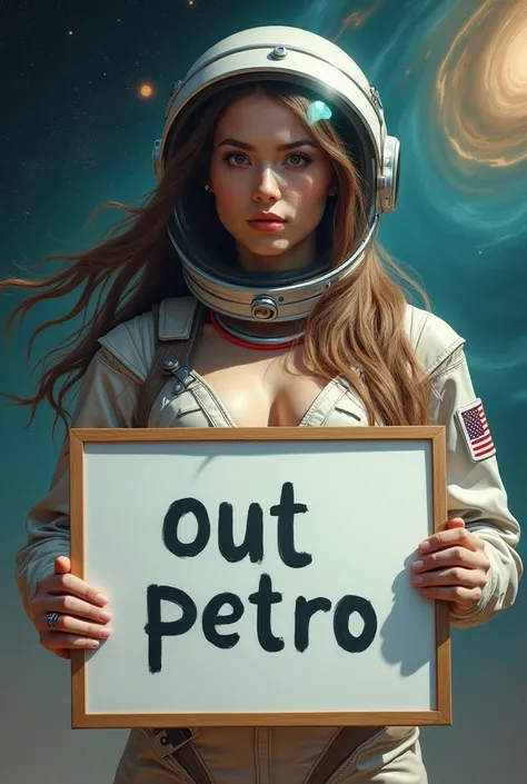 Beautiful girl with long wavy hair, astronaut drees, semi-nude, holding a whiteboard with the text "OUT PETRO" and showing it to the viewer