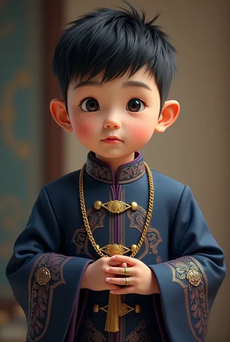 a realistic young man of 2 with fair skin, short black hair, of altruistic expression and upright countenance, wise. no beard, with traditional eastern suit, ornamented, navy blue and purple, with rings and golden necklace.