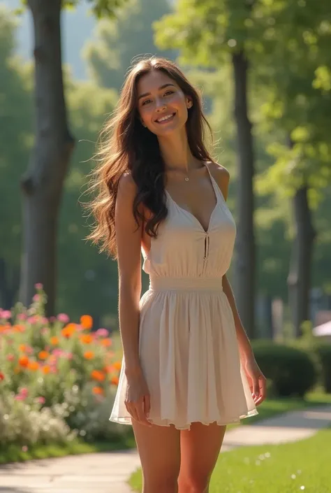 very beautiful girl standing in the park, smiling good figure realistic 