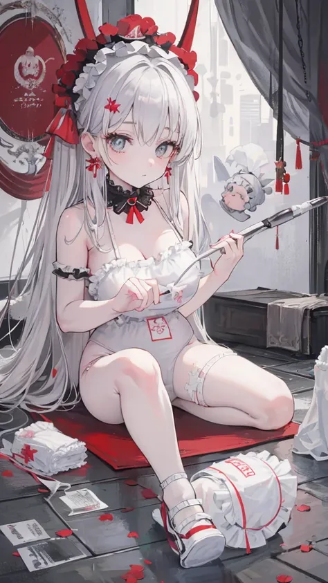 (Realistic painting style:0.9), masterpiece, ,  absurd, Looking at the audience, Solitary, (Gray baby diapers:1.5),  Bronya Zajczyk, Red pupil, Large Breasts, Long hair, White hair, Bangs, Gray eyes, earrings, Drilling hair, Hair between the eyes, Hair acc...