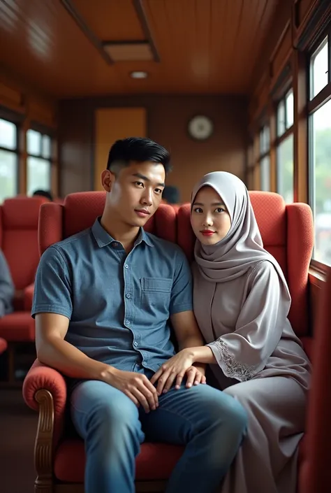 A handsome Indonesian man with very short hair, blue checkered shirt, slim body, and a beautiful Indonesian woman wearing hijab, sitting in the interior of an Indonesian train carriage, soft red soft chair seat elegant and comfortable room, realistic, very...