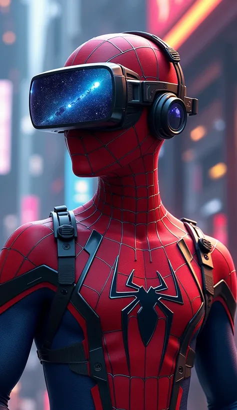 Spiderman, wearing a coustume iconic, a headset, VR glasses, with the Milky Way reflected in his eyes, colorful, high definition quality, surrealism, microcomputer, hacker outfit, cyber style, reality, cinematic.