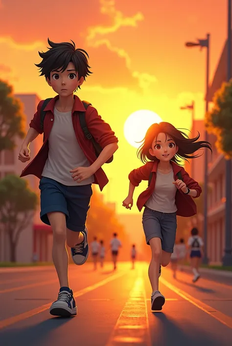 A highschool boy running towards the sunset followed by a girl running to catch him
