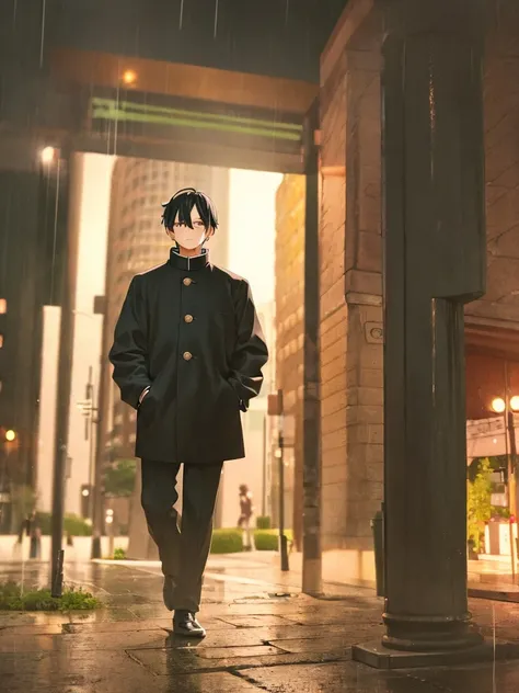 1 man, black hair, black eyes, in a rainy park, wearing an oversized Long sleeve black Gakuran Outfit, wearing Long sleeve black pants, full HD, 4k, masterpiece