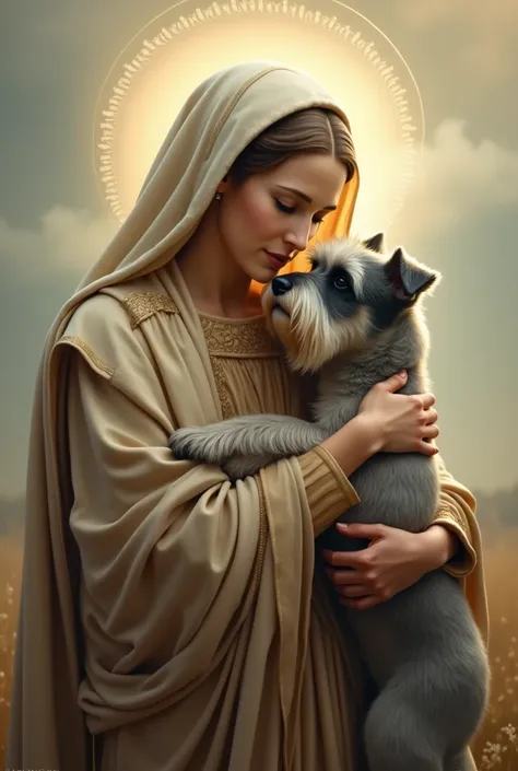 Our Lady of Fatima hugging a Schnauzer
