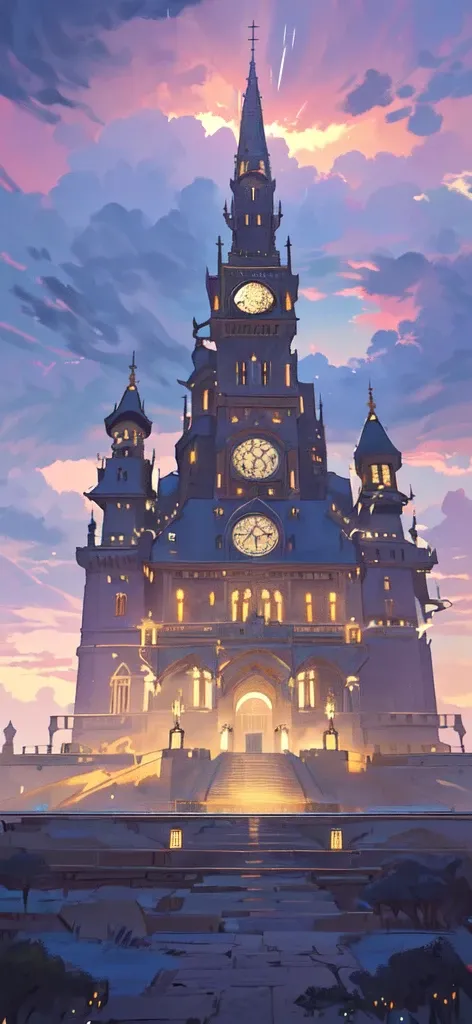 There is a big building with a clock in front of it., Palace Background, Anime Scenery concept art, Madhouse Studios Anime Style, Complex and gorgeous anime CGI style, Gaslight Fantasy Capital City, Milky White Palace, Bright sunny day, Castle scene manga,...