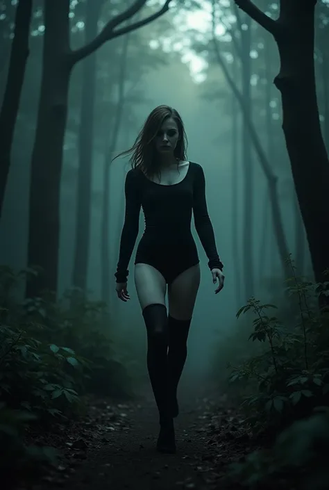 Pale skin、With pitch black eyes that lack light、Pitch black、The chest is hidden、Wearing a long sleeve leotard、Please make a photo of a woman with long hair wearing black knee-high stockings 30cm above the knee walking through the forest at night.