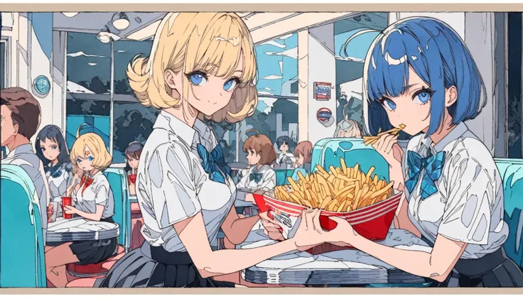 (((beautiful detailed)))(cute face:1.2)1girl, Girl smilying while eating a pile of french fries, Inside a 1950s-style diner, 1950s-style interior, Navy blue hair, blue eyes, A short-sleeved white shirt with four vertical bow ties, Ahoge, long bob cut with ...