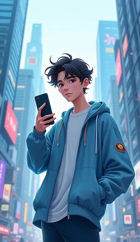 extra realistic. A young man with short, messy dark brown hair, dressed in a light blue windbreaker with a white t-shirt underneath. The jacket has a discreet bird-shaped logo on the sleeve. He’s standing in front of a modern cityscape, his phone in hand, ...