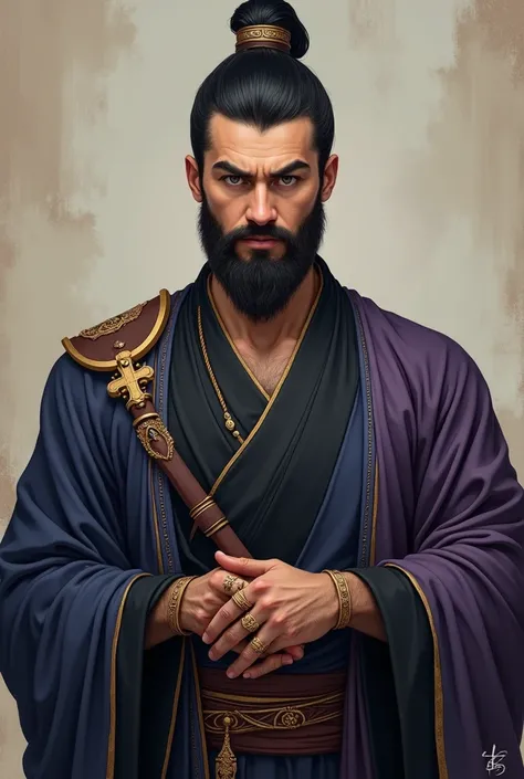 a 2 light skinned man of realistic Greek origin, short black hair, of altruistic expression and upright countenance, wise. no beard, wears black bands all over his body, but wears a traditional eastern suit, ornamented, navy blue and purple, with rings and...