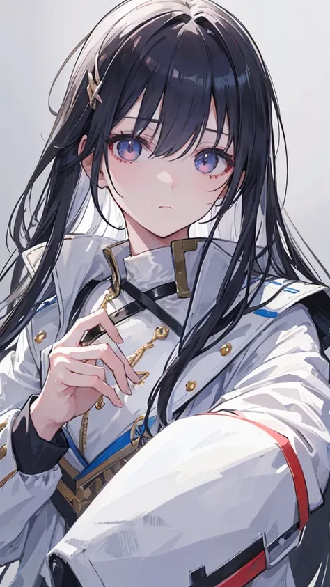 masterpiece, high resolution, screenshot, , 1 Girl, (Scar on left eye), White Cropped Jacket, Very detailed, Rule of Thirds, Jewelry, Long hair, Bangs, Hair between the eyes