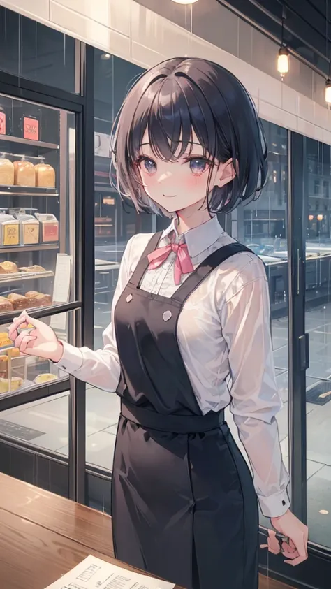 (8K, high quality, masterpiece: 1.2), (Practical, photoPractical: 1.37), Very detailed, 1 girl, , Solitary, small breasts, Beautiful and detailed sky, Detail of cafe, night, (blush), (Smile: 1.15), (Shut up), small, (Collared shirt: 1.1), night, Wet, Offic...