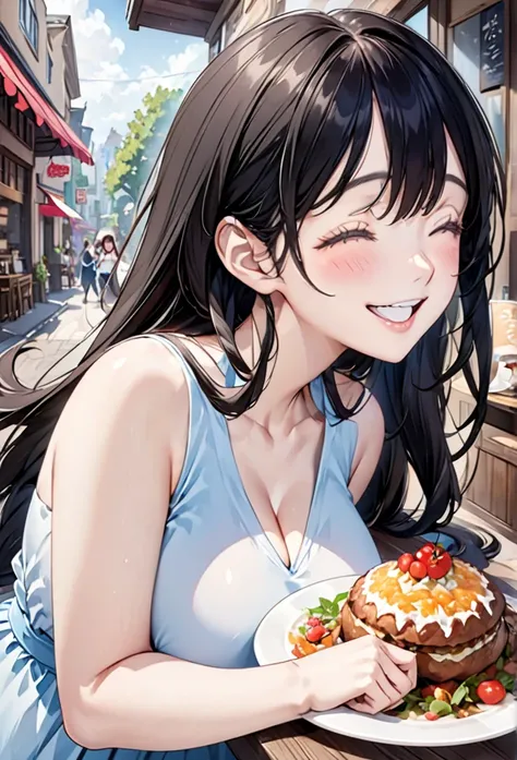 Eat lunch at a cafe、thin、cute、One Woman、smile、(Long dress)、Large Breasts、Close your eyes and open your mouth wide to laugh、Long Black Hair、High resolution, Anatomically correct, Best Quality, Ultra high definition, Textured skin, High resolution eyes、Large...