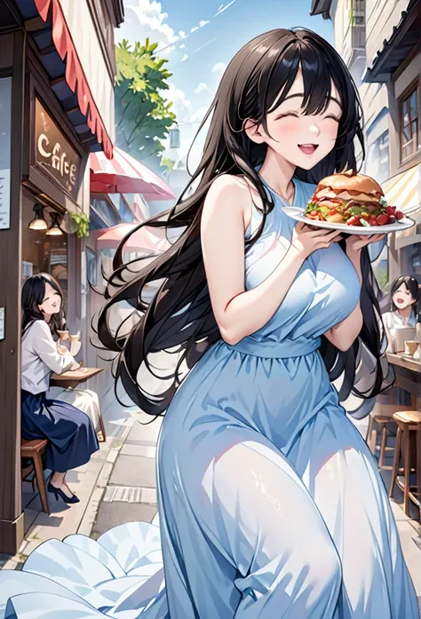 Eat lunch at a cafe、thin、cute、One Woman、smile、(Long dress)、Large Breasts、Close your eyes and open your mouth wide to laugh、Long Black Hair、High resolution, Anatomically correct, Best Quality, Ultra high definition, Textured skin, High resolution eyes、Large...