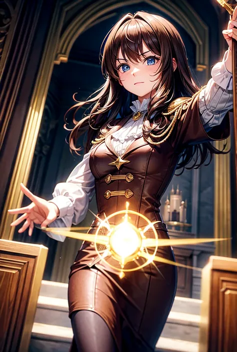 A powerful brown-haired magician in the middle of a castle