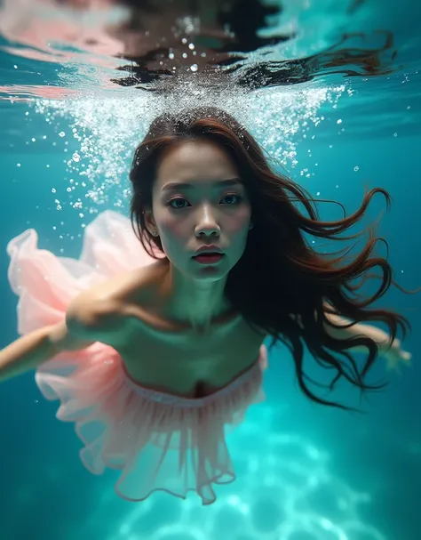 a woman diving underwater in clear ocean waters,long dark brown hair,pink wavy dress,beautiful detailed eyes,beautiful detailed lips,extremely detailed eyes and face,longeyelashes,realism,cinematic lighting,photorealistic,HDR,ultra-detailed,8k,best quality...