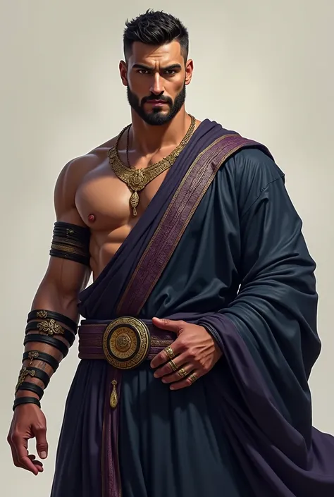 a 2 light skinned man of realistic Greek origin, short black hair, of altruistic expression and upright countenance, wise, wears black bands all over his body, but wears a traditional eastern suit, ornamented, navy blue and purple, with rings and golden ne...