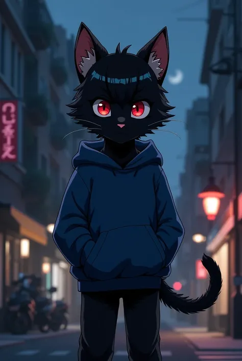 
Black furry anime cat, black fur, black cat ears, black cat tail, cat boy, 1boy, blue color hoodie, black pants, red eyes, confused, looking at viewer, from front, standing on the streets, night City background