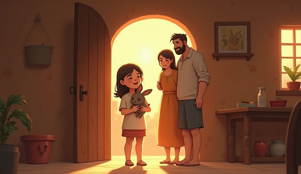 "Inside a warm and cozy village home, the girl enters through a wooden door, holding the small rabbit close to her chest. The home has soft lighting, clay walls, and a rustic wooden table. The girls parents, standing near the door, look on with happy expre...