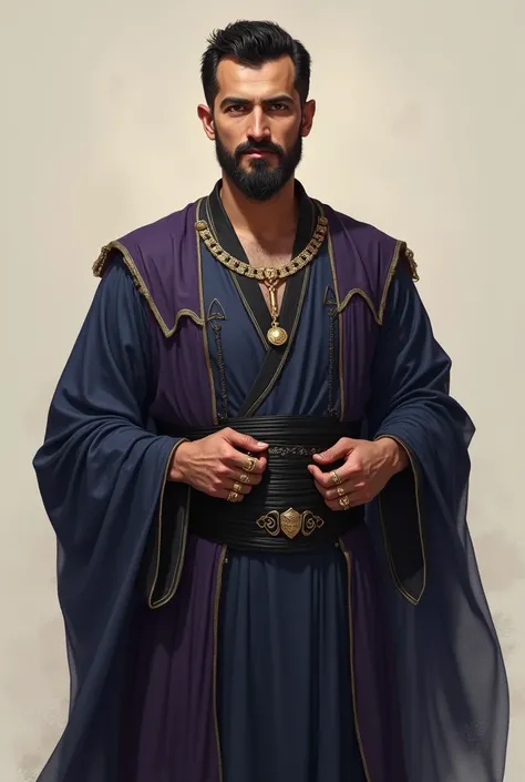 a 2 light skinned realistic Arab man, short black hair, of altruistic expression and upright countenance, wise, wears black bands all over his body, but wears a traditional eastern suit, ornamented, navy blue and purple, with rings and golden necklace. 