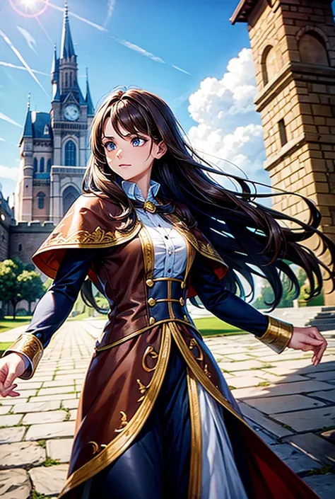 A powerful brown-haired magician in the middle of a castle