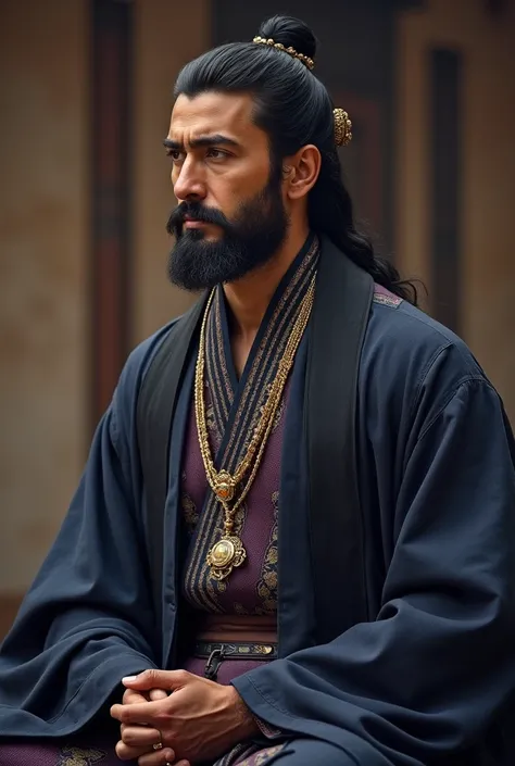 a 2 man of realistic Arab origin, light skin, short black hair, of altruistic expression and upright countenance, wise, wears black bands all over his body, but wears a traditional eastern suit, ornamented, navy blue and purple, with rings and golden neckl...