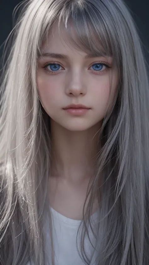 a girl. european. extremely detailed face. delicate features. half-closed eyes. blue eyes. long straight hair, bangs, messy hair. silver hair. expressionless. shy