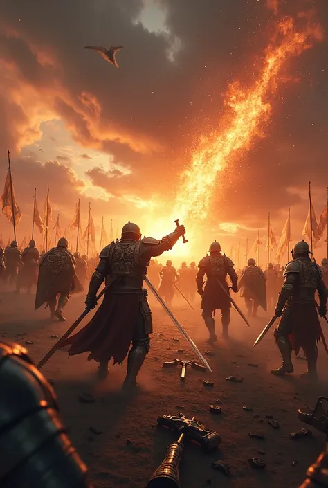 Epic Battle Scene: "Create a dramatic image of an epic battle between mythical warriors on a grand battlefield. Show warriors in ornate armor, wielding swords and shields, with a fiery sunset in the background. The sky should be filled with dark clouds, an...