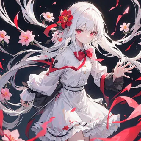 masterpiece, , 1 Girl, Solitary, Long_hair, Searching for_exist_Viewer, white hair, Red Eyes, Smile, Bangs, skirt, shirt, Long_sleeve, hexist, skirt, bow, Keep, closure_Mouth, flower, Ruffles, hair_flower, flower瓣, flower束, Keep_flower, center_Ruffles, cap...