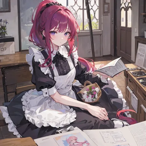 masterpiece,(, illustration,Delicate face:1.3),(1 Girl,Solitary:1.3),Beautiful and delicate eyes,  apron, slope_background, slope, maid, Purple Eyes,red hair,Small Breasts,, rest, enmaided, White_apron, black_skirt, Ponytail, black_Footwear, Frilly_apron, ...