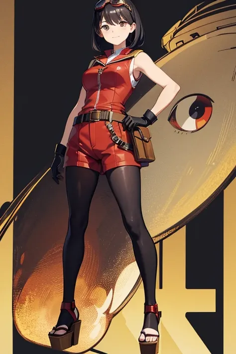 Anime Art、Full body portrait、Early modern airline pilots、Background blank、A female pilot, standing upright, about 160cm tall, about 3, wearing a red sleeveless shirt, red shorts and armor、She is wearing black tights that cover her lower body.、Wearing large...