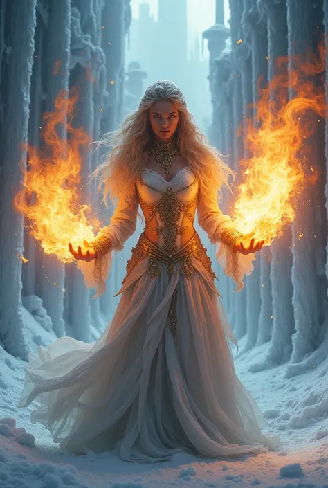 Woman of fire creating flames through her hands in the ice city