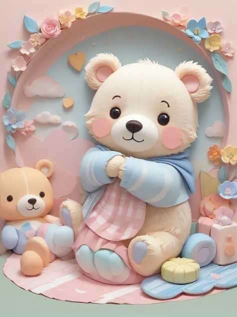 Highest quality、Popup、pastel、とてもcute、Patchwork、cute、Picture book illustrations、、Ultra delicate、Beautiful、,pastelカラー、cute、Bear cub